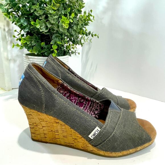 Toms Wedge Sandals Peep Toe Corklike Heel Blue Jean Women’s Shoes Size 9 1/2 - Picture 10 of 15